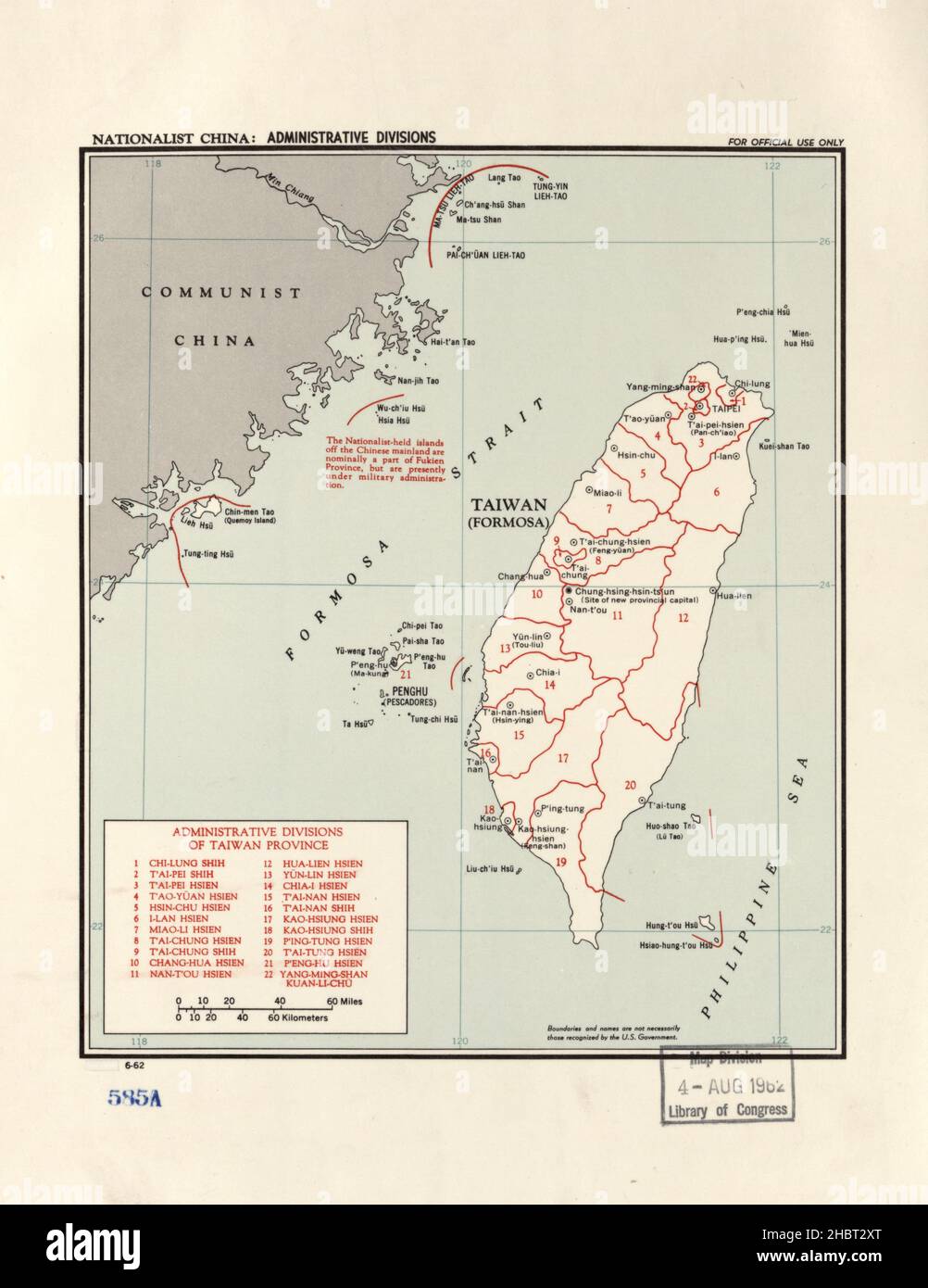 Carte de la Chine nationaliste, divisions administratives ca.Juin 1962 Banque D'Images