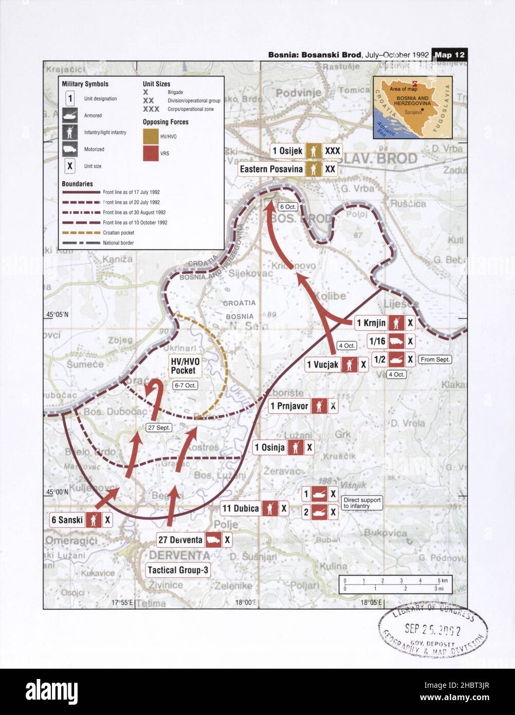 Cartes régionales montrant les positions des troupes, les mouvements de troupes et les lignes de front pendant le conflit yougoslave de 1991-1995.Bosnie : Bosanski Brod, juillet-octobre 1992 Banque D'Images