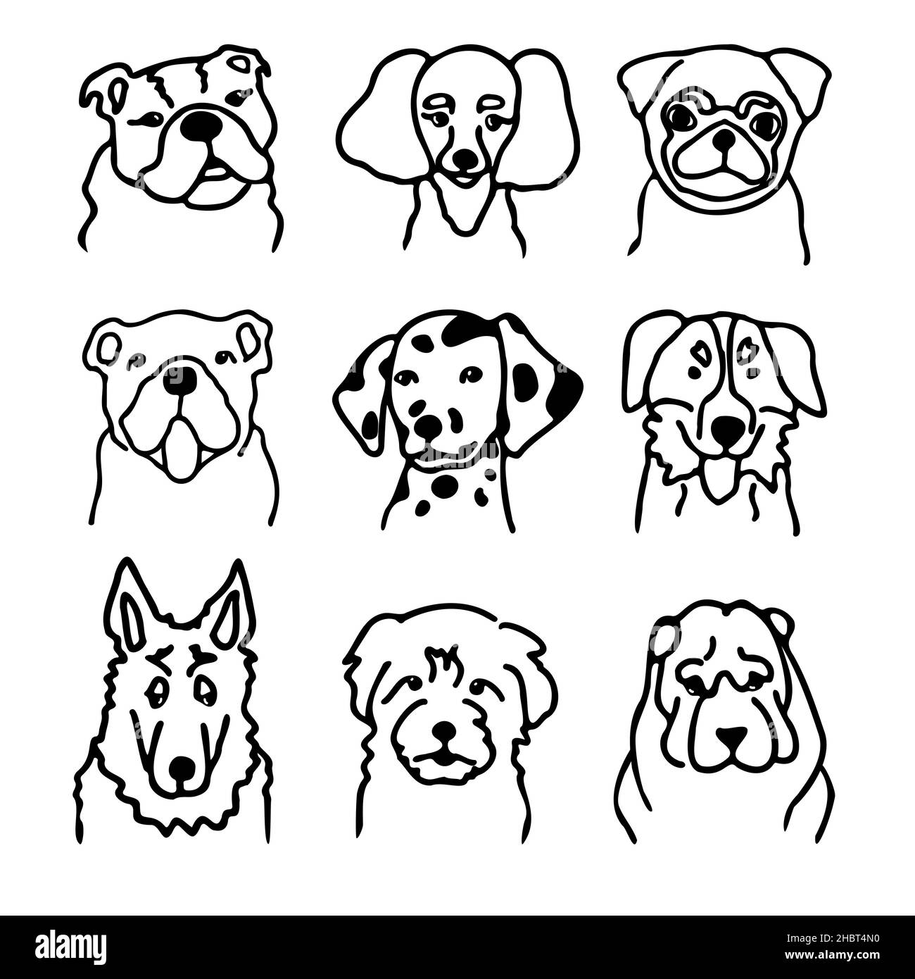 Ensemble de faces de chien.Canine se reproduit dans un style doodle.Encre tête de chiots drôles.Illustration vectorielle de style enfant simple contour animaux Illustration de Vecteur