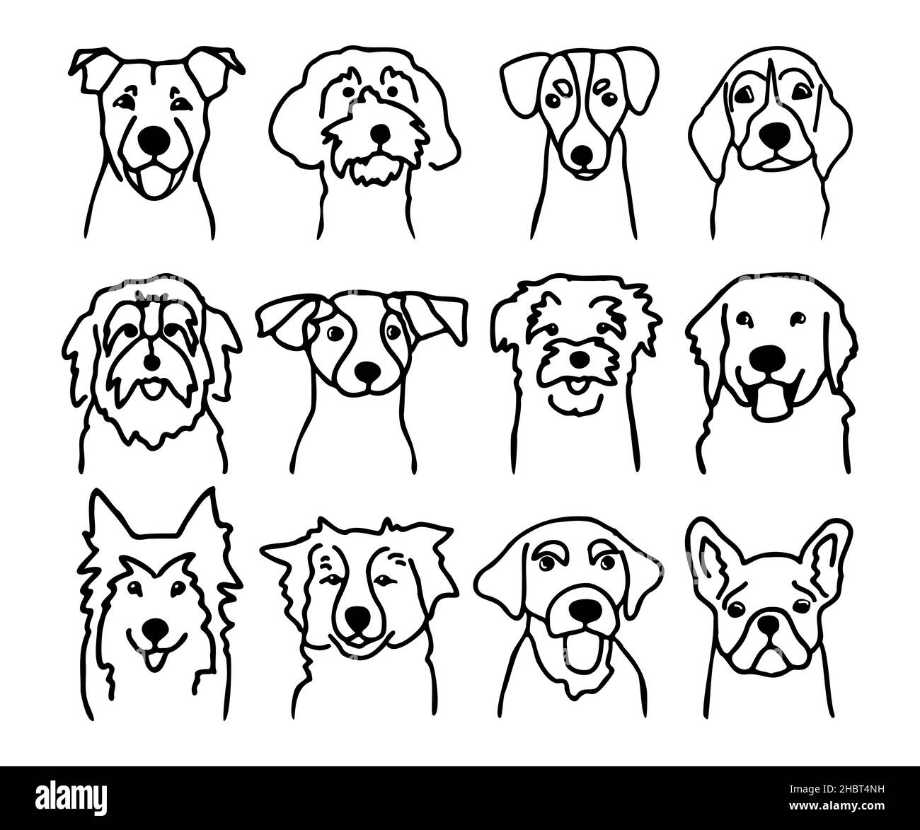 Ensemble de faces de chien différentes.Canine se reproduit dans un style doodle.Encre tête de chiots drôles.Illustration vectorielle de style enfant simple contour animaux Illustration de Vecteur
