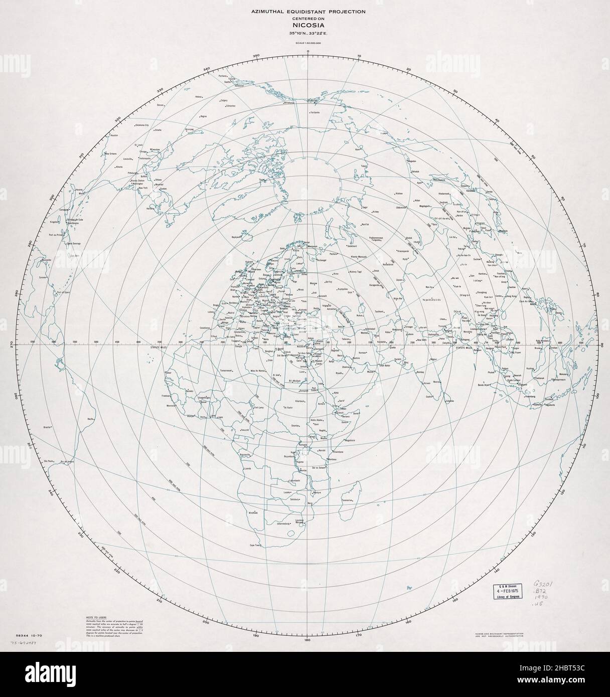 Carte de projection équidistante azimutale centrée sur Nicosie Chypre ca.1970 Banque D'Images