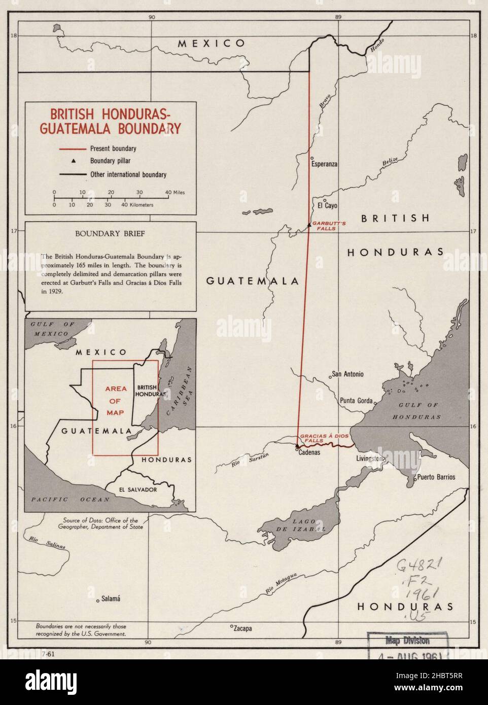 1961 carte des limites du Honduras britannique Banque D'Images