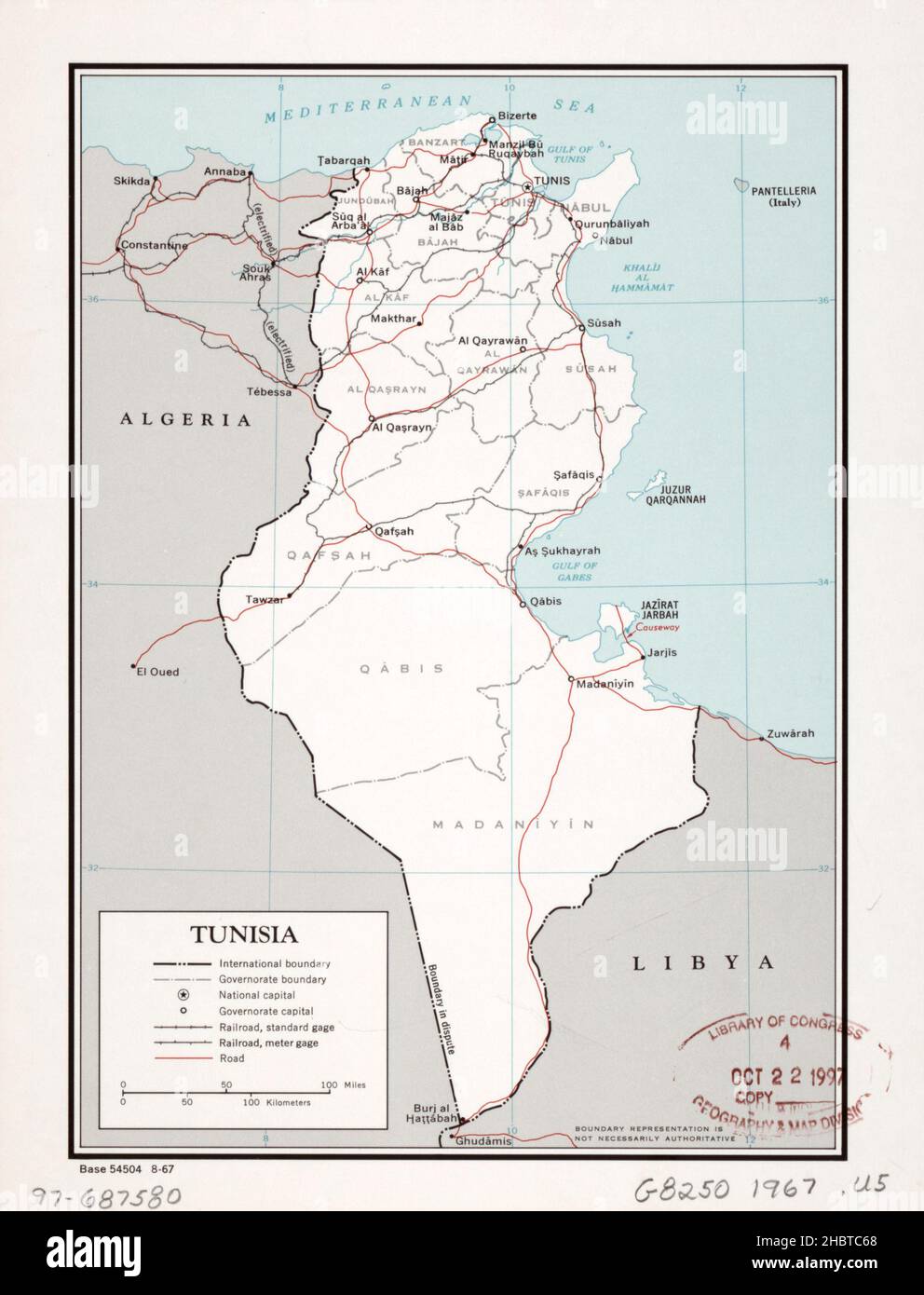 Carte de Tunisie ca.1967 Banque D'Images