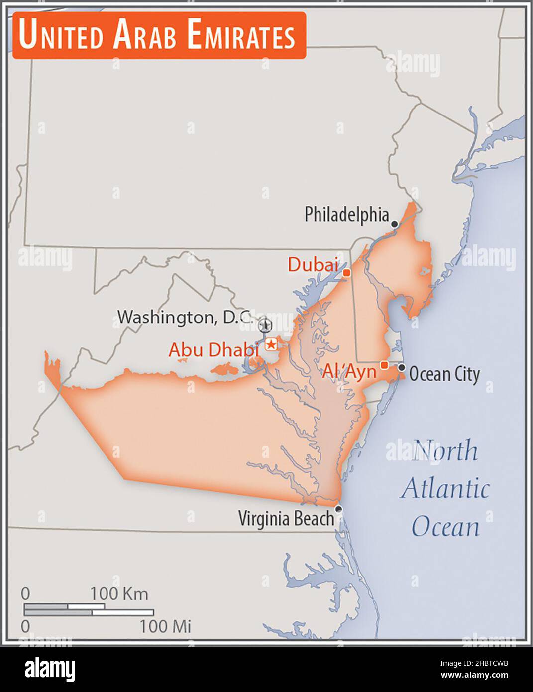 Carte des Émirats arabes Unis.Comparaison des zones de deux pays.La zone des Émirats arabes Unis avec les plus grandes villes (rouge) superposent la zone des États-Unis d'Amérique (fond gris) ca.17 février 2014 Banque D'Images