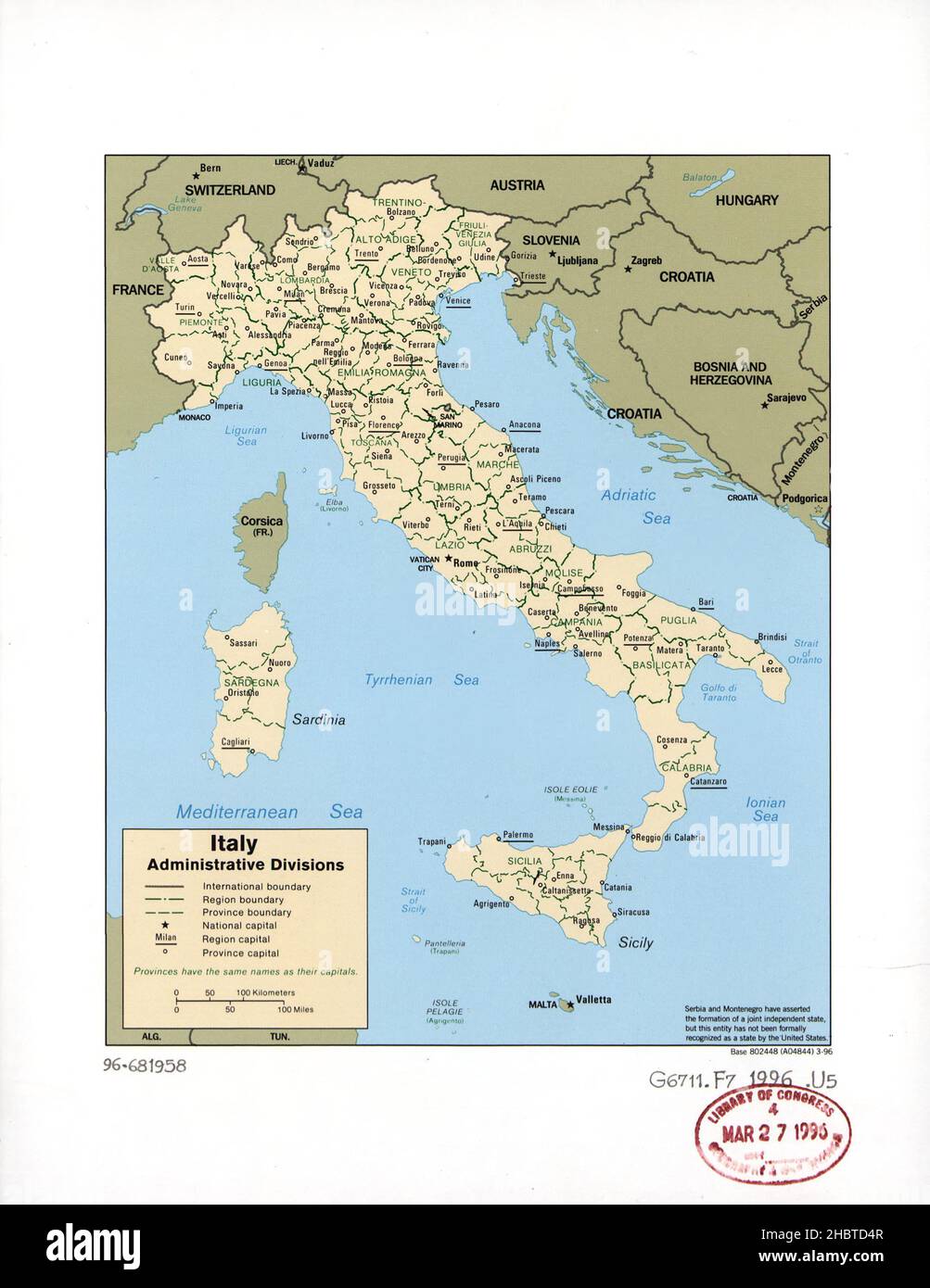 Italie carte des divisions administratives ca.1996 Banque D'Images