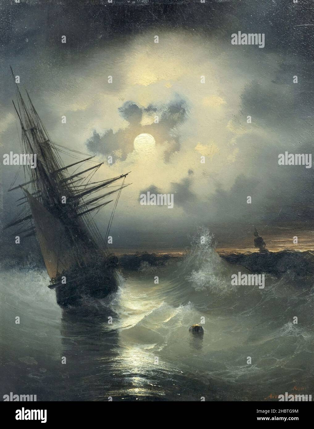 Un voilier sur une haute mer au clair de lune - sans date - huile sur bois 24,6 x 19,2 cm - Ajvazovskij Ivan Konstantinovič Banque D'Images