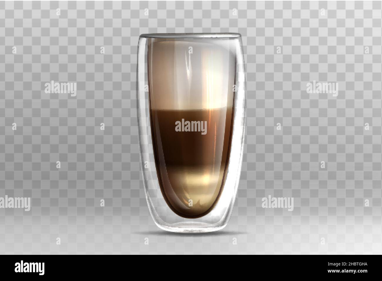 Illustration vectorielle réaliste du café dans une tasse en verre avec double paroi sur fond transparent.Cappuccino ou latte avec mousse de lait sur le dessus.Modèle de maquette pour le marquage ou la conception de produits. Illustration de Vecteur