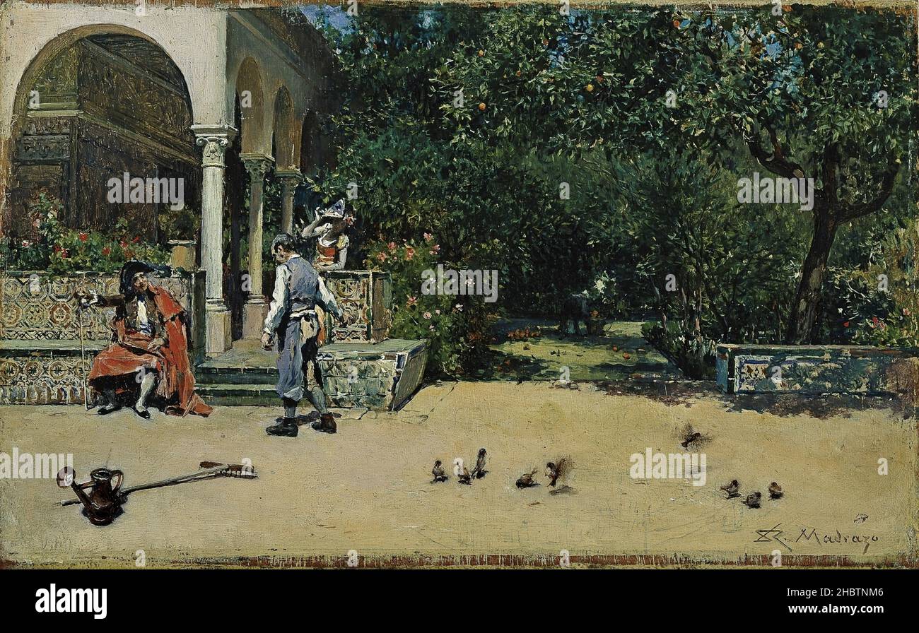 El pabellón de Carlos V en los jardines del Alcázar de Sevilla - huile sur toile 10 x 16,4 cm - de Madrazo y Garreta Raimundo Banque D'Images