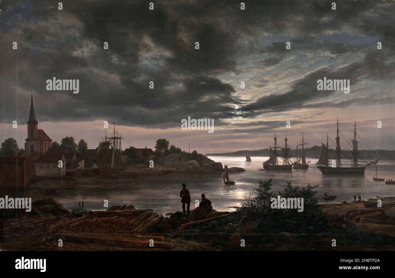 Larvik par Moonlight - 1839 - huile sur toile 99,5 x 156 cm - Dahl Johan Christian Banque D'Images