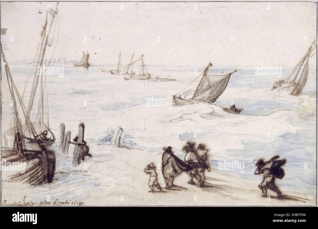 Jan Brueghel The Elder - Plage avec voiliers et mer de tempête Banque D'Images