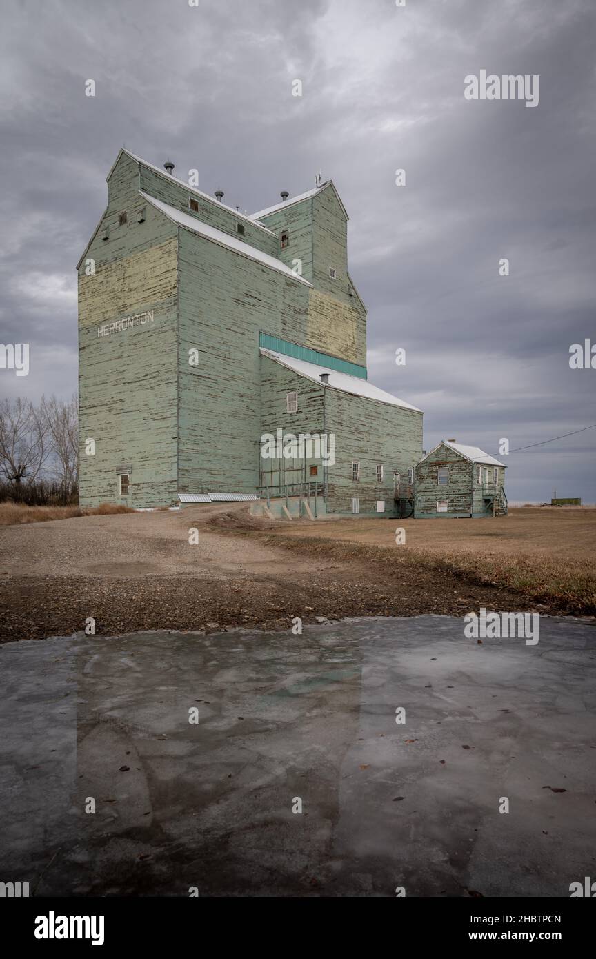 HERRONTON, CANADA - le 12 novembre 2021 : un aperçu de l'ancien silo à grains Alberta Wheat Pool de Herronton, au Canada, contre un ciel voilé Banque D'Images