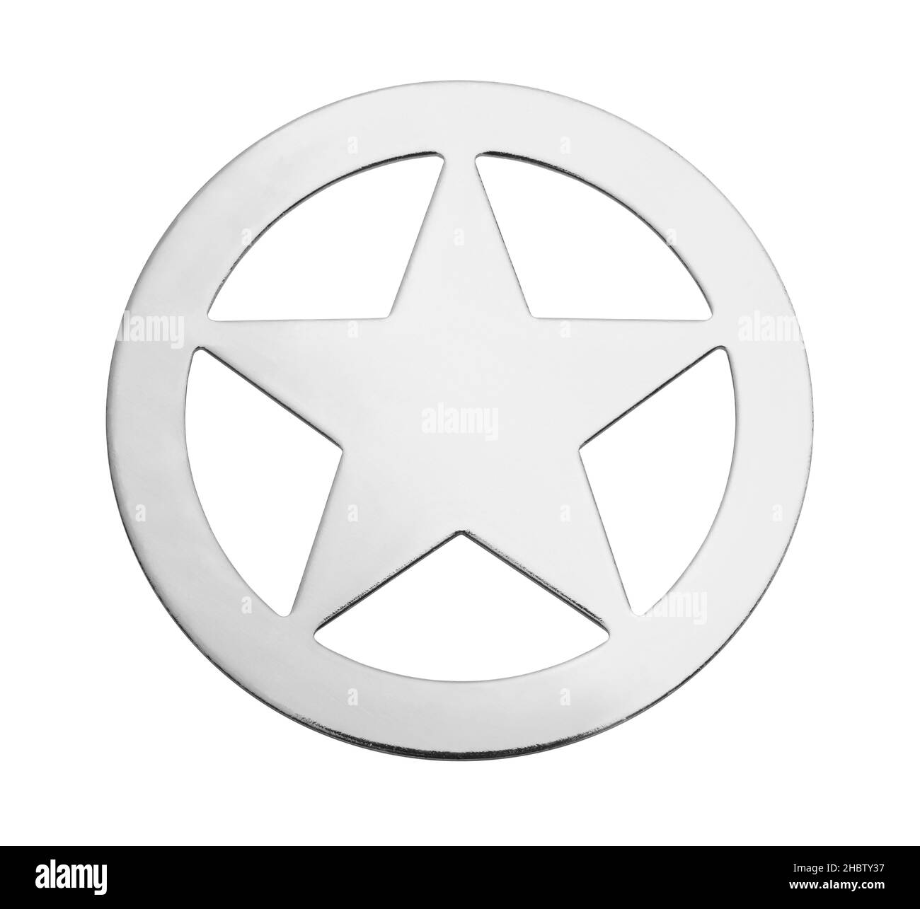 Badge police étoile métallique découpé sur blanc. Banque D'Images
