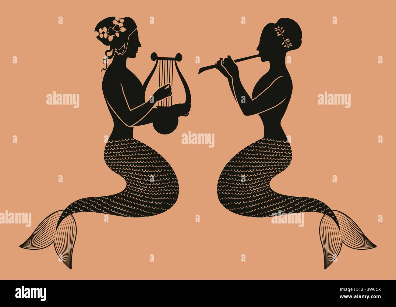 Figures représentatives de la céramique grecque classique.Deux mermaids jouant une cithare et une flûte.Créatures mythologiques avec queues de poisson Illustration de Vecteur