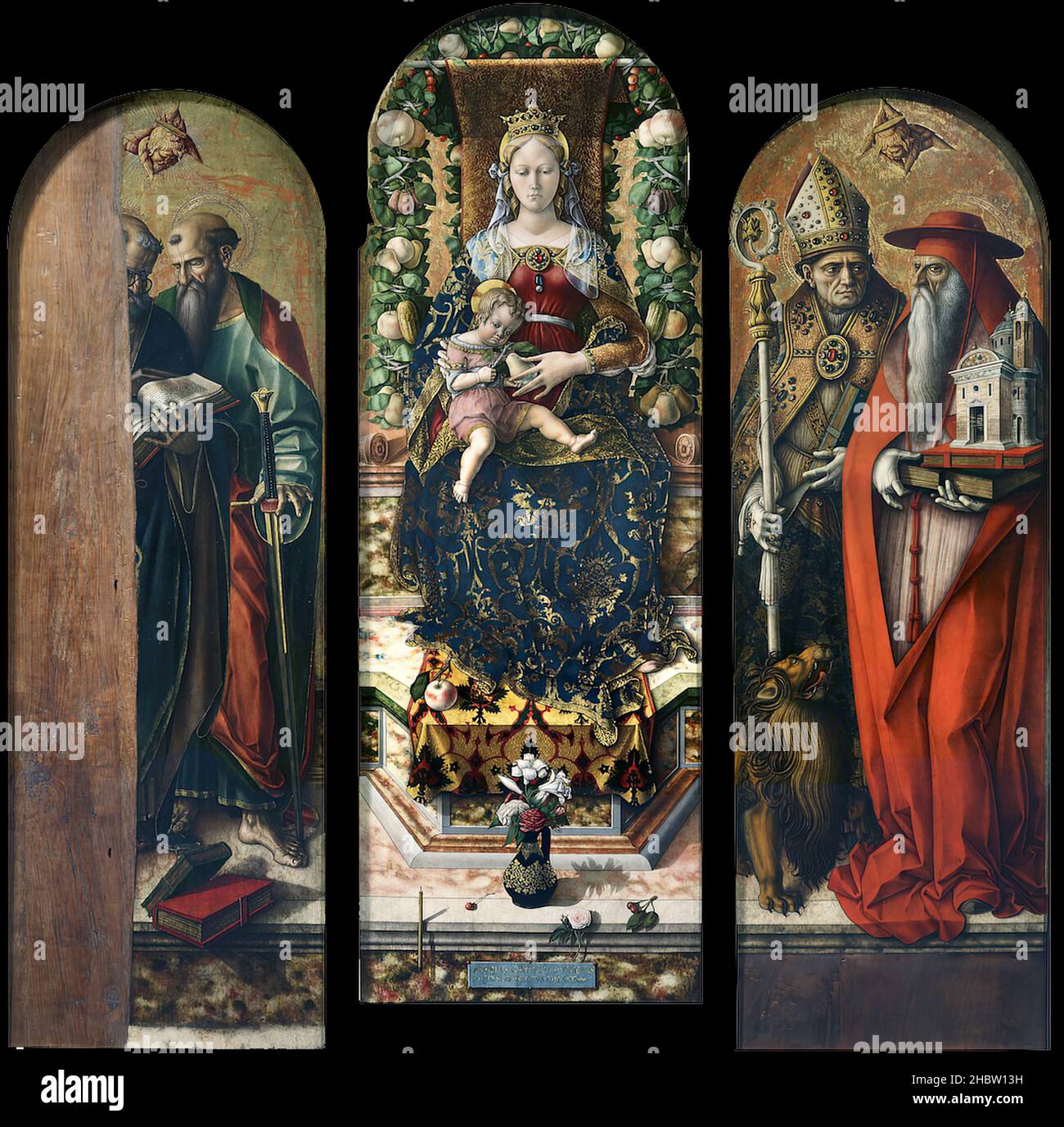 Crivelli Carlo - Milan - Pinacoteca di Brera - (Sala 22) Madonna col Bambino e i Santi Pietro e Paolo, Ansovino e Gerolamo (Madonna della Candeletta) (1488 90) (olio su tavola 218 x 75 cm) Banque D'Images
