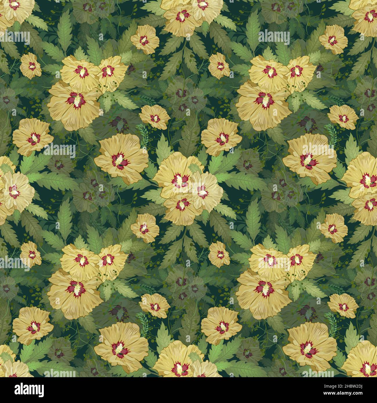 Motif sans coutures fleurs hibiscus tropical jaune Illustration de Vecteur