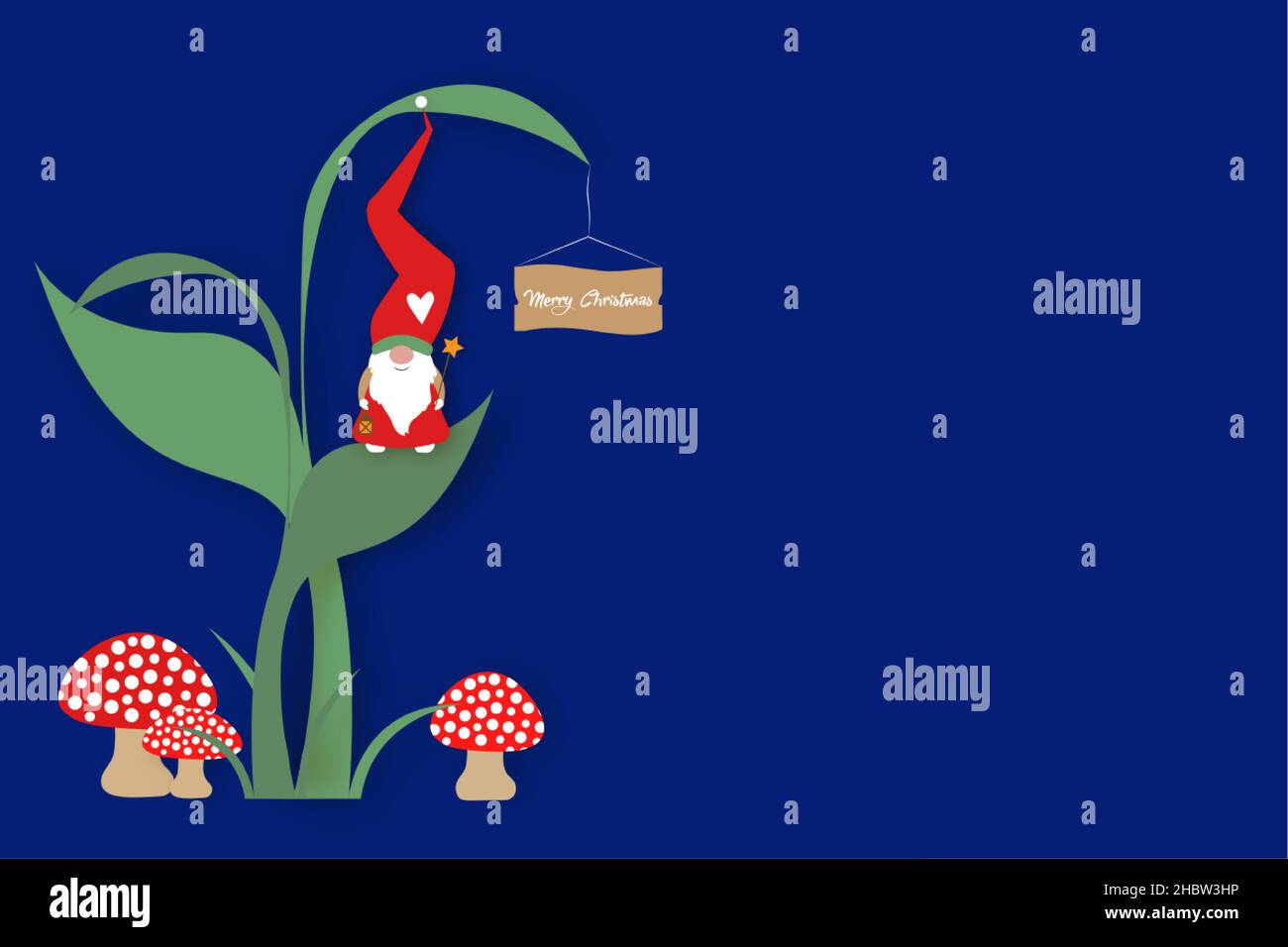 joli gnome de dessin animé avec long chapeau rouge.Bannière scandinave Nordic Santa Claus Elf dans la forêt, vecteur isolé sur fond bleu.Thème de Noël Illustration de Vecteur
