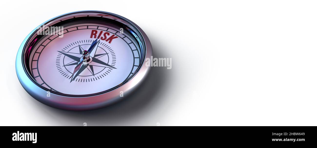 3D a rendu la boussole pour le concept visuel de métaphore financière: Rose pointant sur LE MESSAGE DE RISQUE.Symbole visant une position ou une stratégie particulière. Banque D'Images