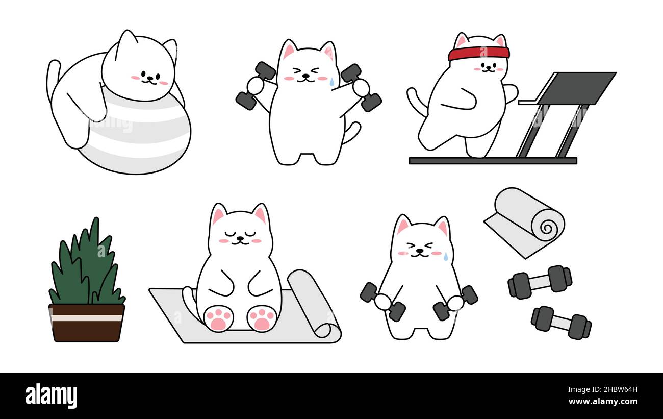 Collection de différents petits chats mignons sur fond blanc.Ensemble de kawaii de personnages animaux drôle de conception dans le style de dessin animé.Chat. PETAutocollants bébé Illustration de Vecteur