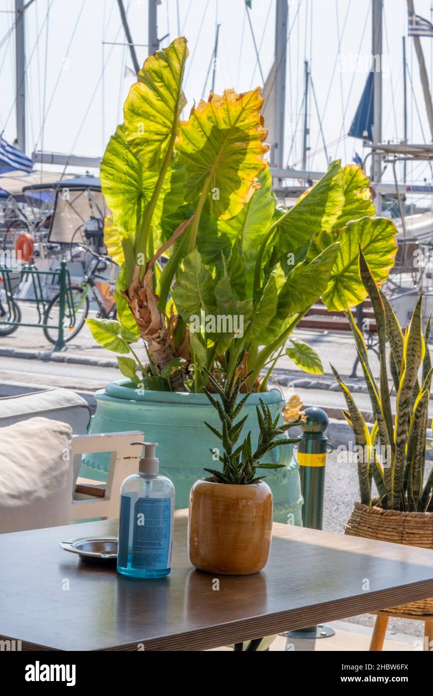 Athènes, Grèce - 29 septembre 2021 : assainisseur pour les mains étiqueté bleu sur une belle table extérieure décorée.Café de rue pendant le coronavirus rouvert Banque D'Images