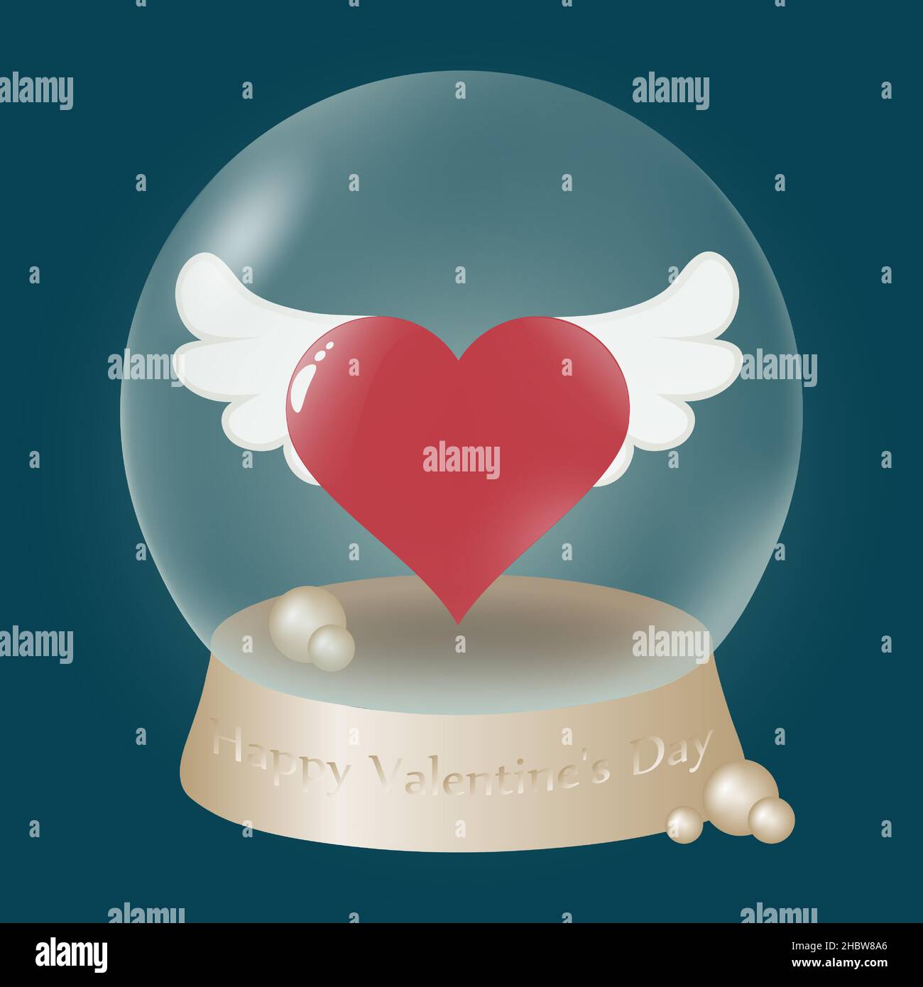 Un globe en verre sur une base dorée avec un coeur rouge à l'intérieur.Coeur rouge avec ailes blanches et perles d'or à l'intérieur du globe en verre sur fond bleu.Vecteur 3D Illustration de Vecteur