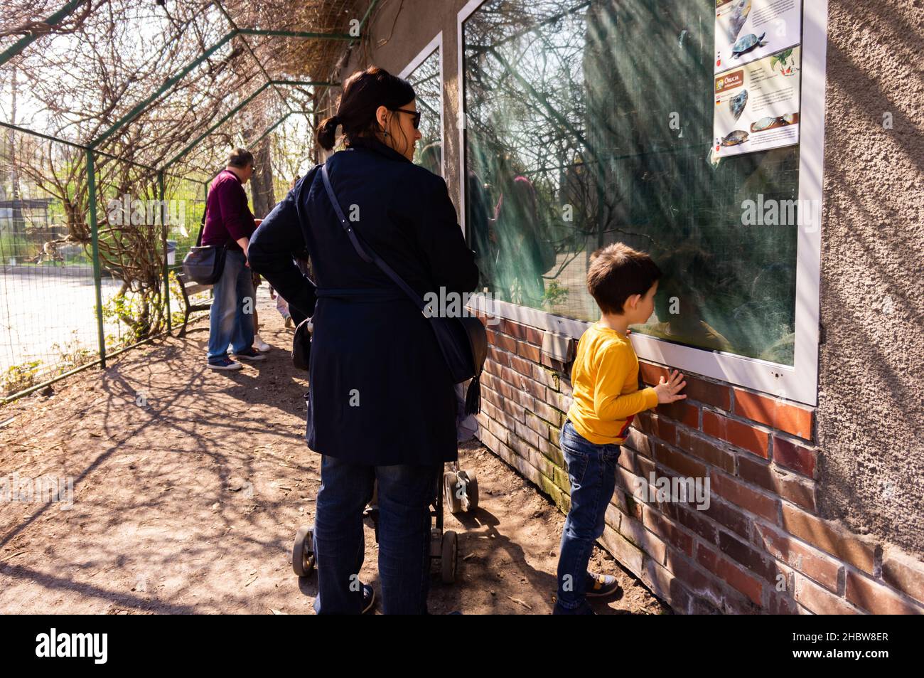 POZNAN, POLOGNE - 07 avril 2019 : une jeune mère et un enfant regardent les animaux derrière le verre dans le vieux zoo de Poznan par une journée ensoleillée Banque D'Images