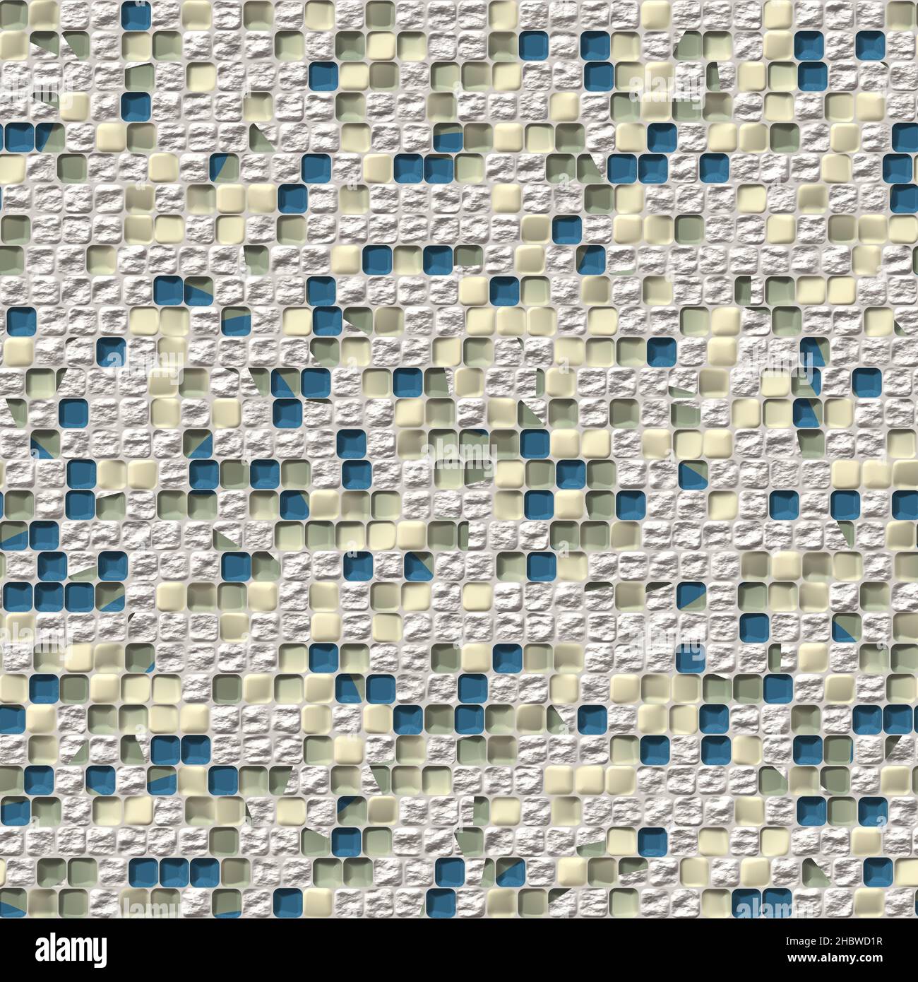 Mosaïque en décomposition d'un mur en béton, 3D produit une texture sans couture, motif haute définition.Bleu marine, jaune, vert Banque D'Images