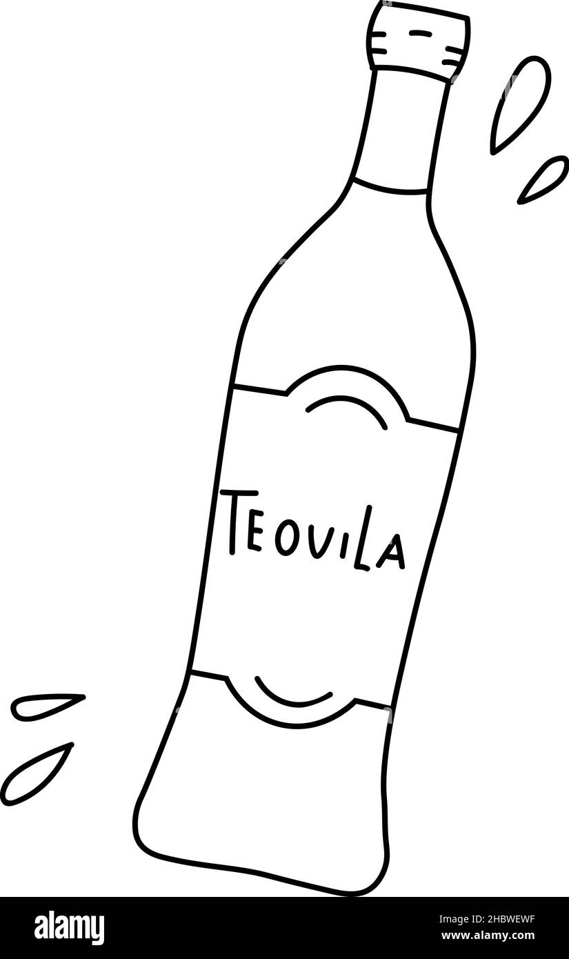 Boisson mexicaine.Bouteille de Tequila dessinée à la main.Illustration vectorielle isolée en forme de doodle.Conceptions de menu. Illustration de Vecteur