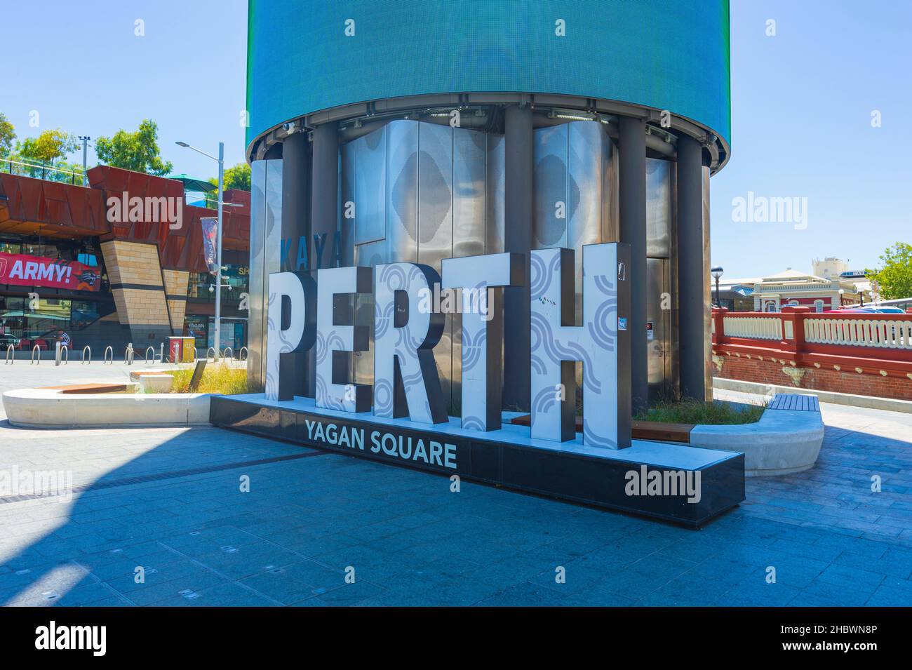 Perth signe à Yagan Square, Perth Central Business District, Australie occidentale, WA, Australie Banque D'Images
