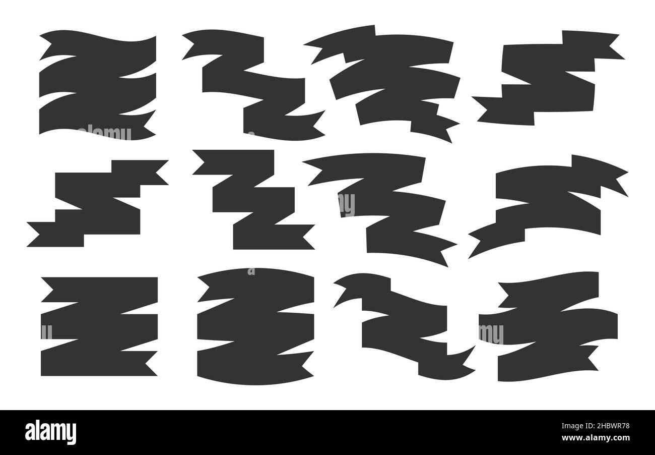 Ruban cachet cachet drapeau blanc drapeau noir plat ensemble.Modèle de lettre de bienvenue de nouvelles.Élément incurvé festif.Attribut du panneau d'invitation rabais sur le site de liquidation du magasin.Bannière simple isolée sur blanc Illustration de Vecteur