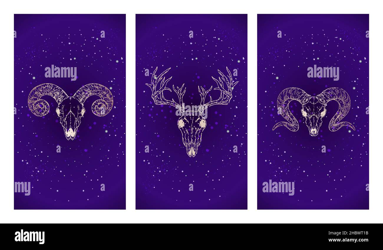 Ensemble vectoriel de trois illustrations avec silhouettes en or crânes cerf et béliers sur le fond du ciel étoilé.Image en violet.Pour vous de Illustration de Vecteur
