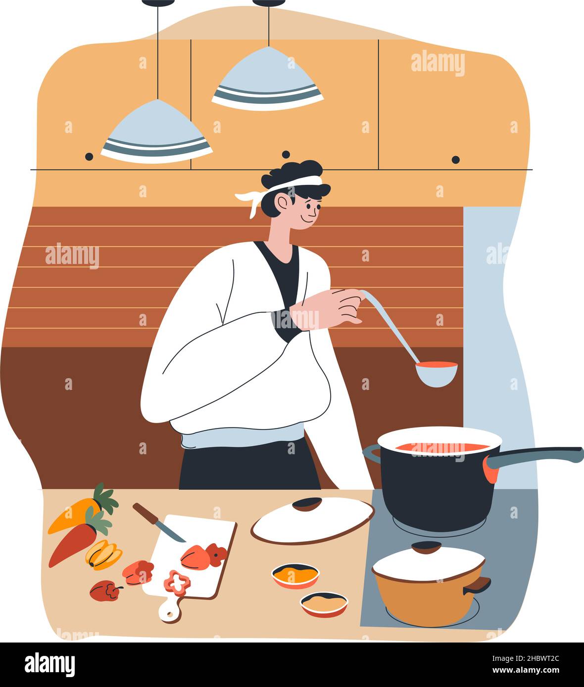 Chef cuisinier professionnel et compétent cuisant des plats dans la cuisine, personnage féminin avec des ingrédients pour faire bouillir le repas et préparer les commandes.Dame en uniforme mak Illustration de Vecteur