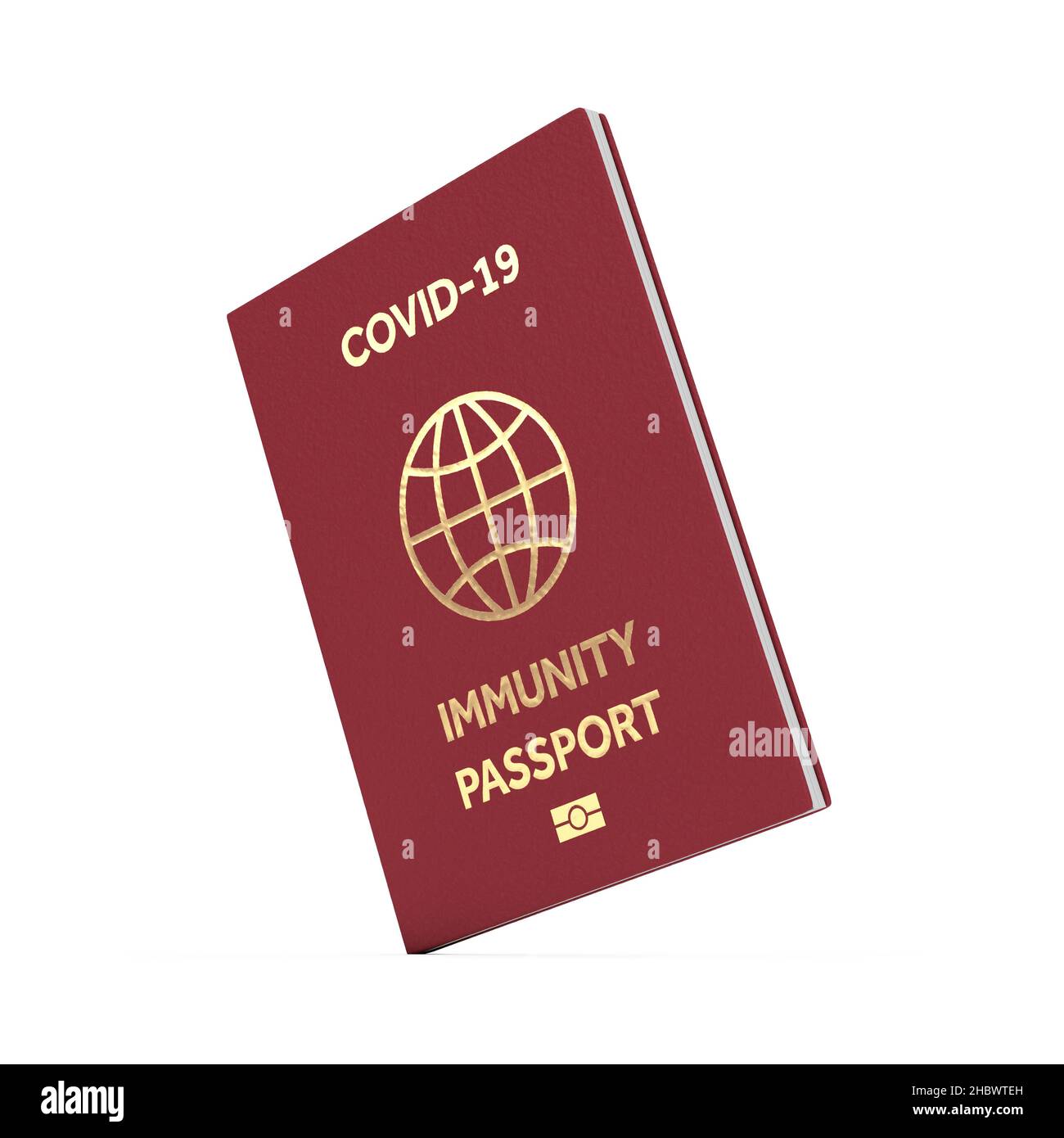 Passeport immunitaire de santé de voyage rouge avec signe jaune d'or et icône biométrique sur fond blanc.3D rendu Banque D'Images