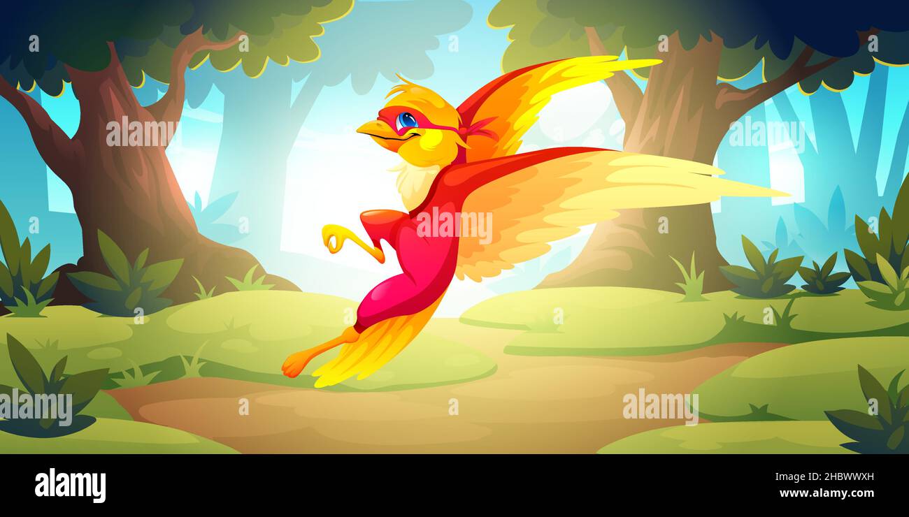 Super héros d'oiseau en costume rouge et masque volant dans la forêt.Dessin animé vectoriel de paysage de bois d'été avec arbres verts, herbe et joli caractère canari en costume super héros Illustration de Vecteur