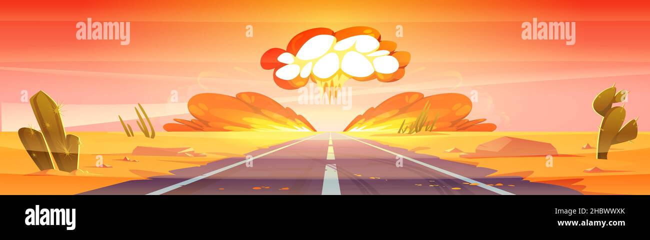 Explosion d'une bombe atomique dans le désert.Concept de guerre des atomes, souffle de nuke.Dessin animé vectoriel du paysage du désert de sable avec la route, les cactus et le nuage de champignons de l'explosion nucléaire avec le feu et la fumée Illustration de Vecteur