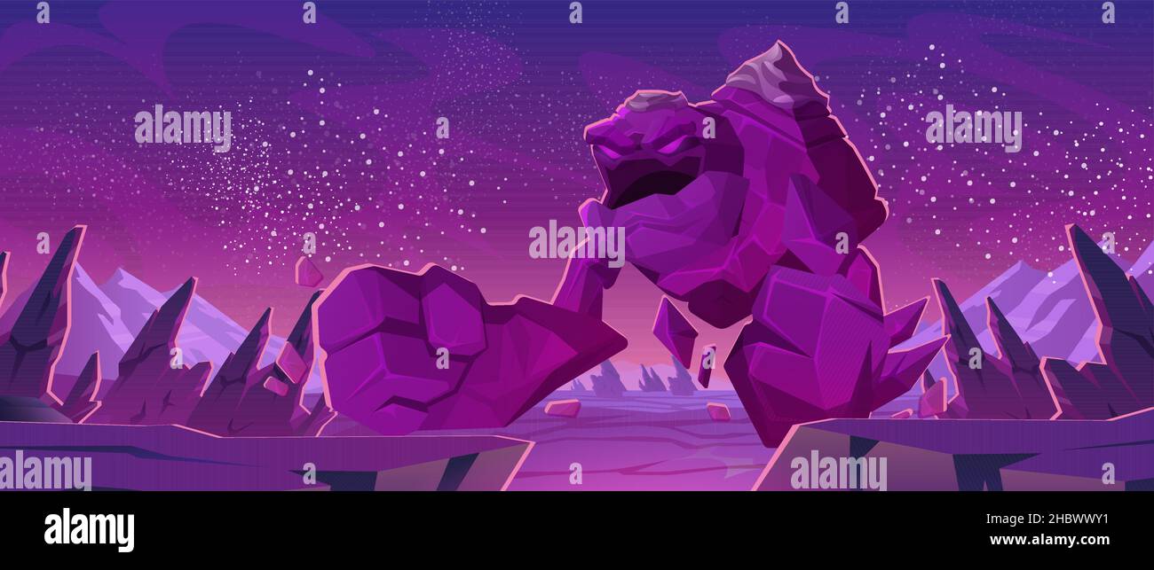 Grand personnage de pierre golem sur la surface de la planète étrangère.Illustration vectorielle d'un monstre géant en colère et d'un paysage spatial futuriste avec des rochers et des étoiles dans le ciel Illustration de Vecteur