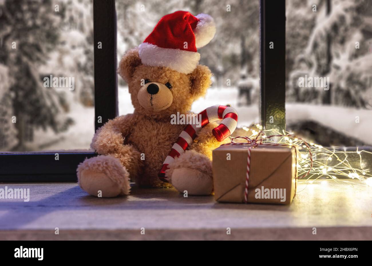 Attendez le Père Noël.Ours en peluche assis sur un rebord de fenêtre,  arbres enneigés à l'extérieur.Lumières de Noël et boîte cadeau, intérieur  chaleureux Photo Stock - Alamy