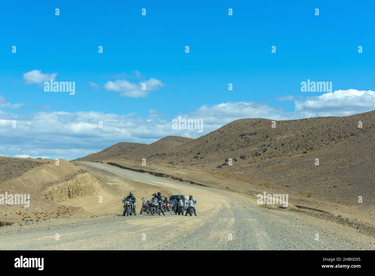 Groupe de motocyclistes sur la route 41 près d'El Chalten, Patagonie, Argentine Banque D'Images