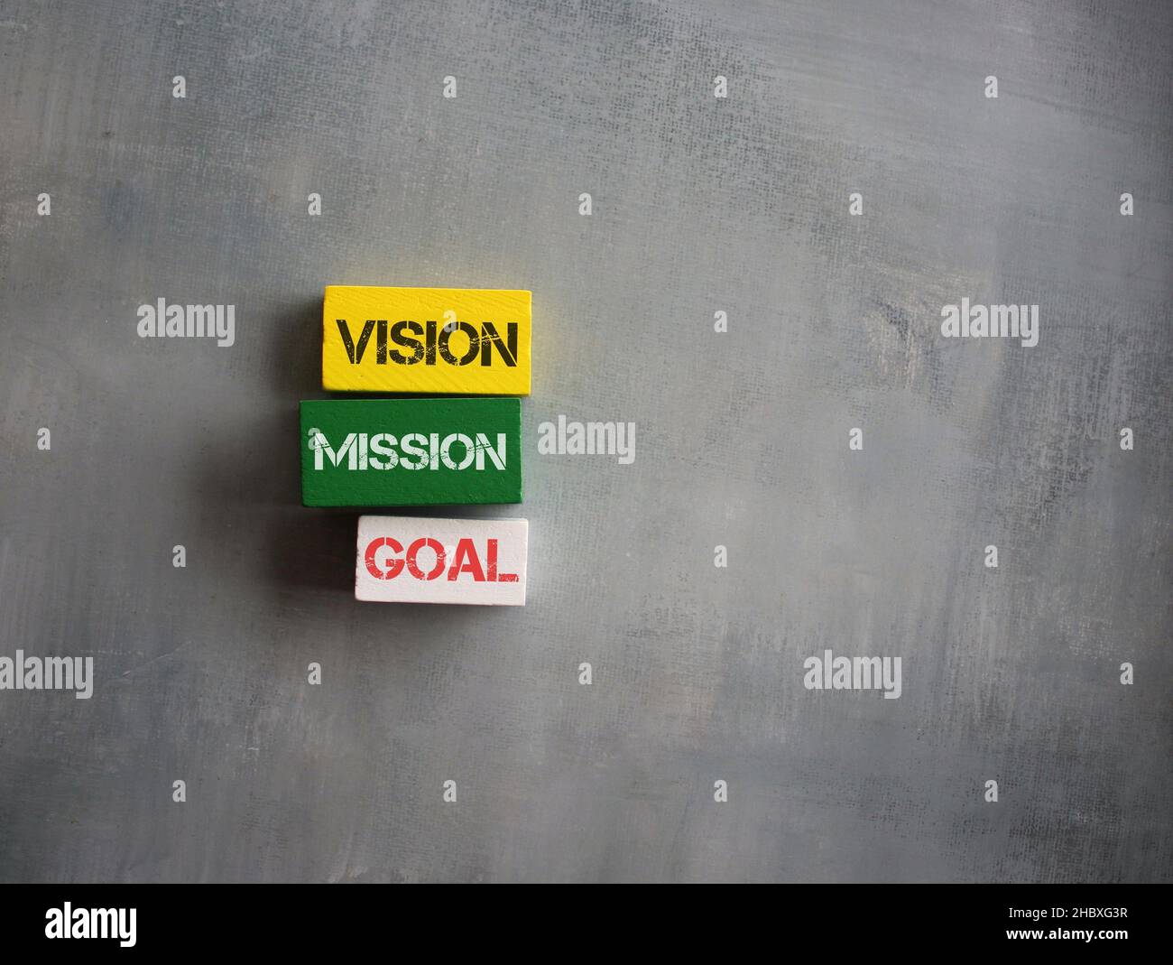 Cubes en bois avec vision de texte, MISSION et BUT.Copier l'espace pour le texte Banque D'Images