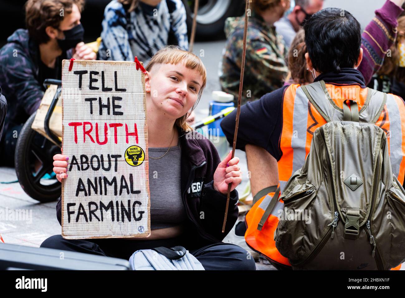 Activiste de rébellion animale assis dans la route à l'extérieur de Barclays Bank avec écriteau Tell the Truth about Animal Farming Londres 2020 Banque D'Images