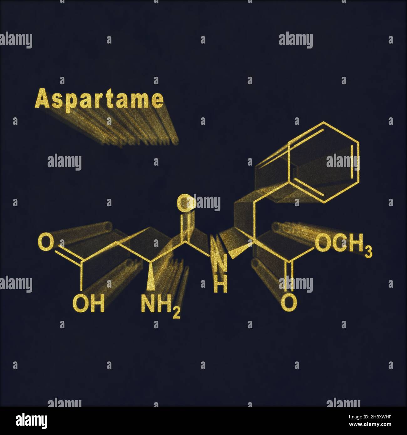 Édulcorant artificiel aspartame, formule chimique structurelle or sur fond sombre Banque D'Images