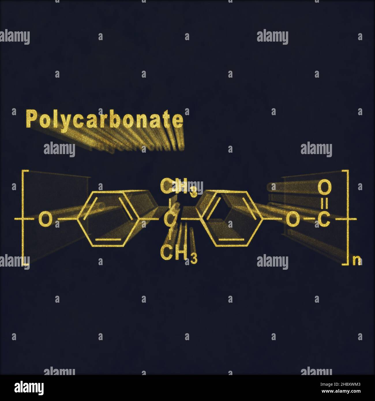 Polycarbonate PC Lexan, structure chimique formule or sur fond sombre Banque D'Images