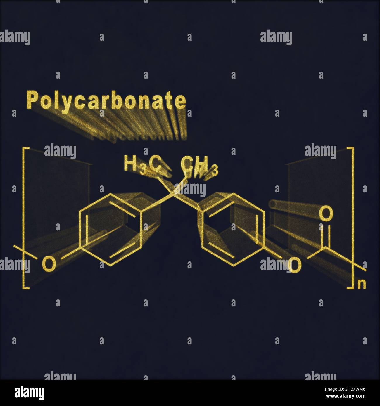 Polycarbonate PC, formule chimique structurelle or sur fond sombre Banque D'Images