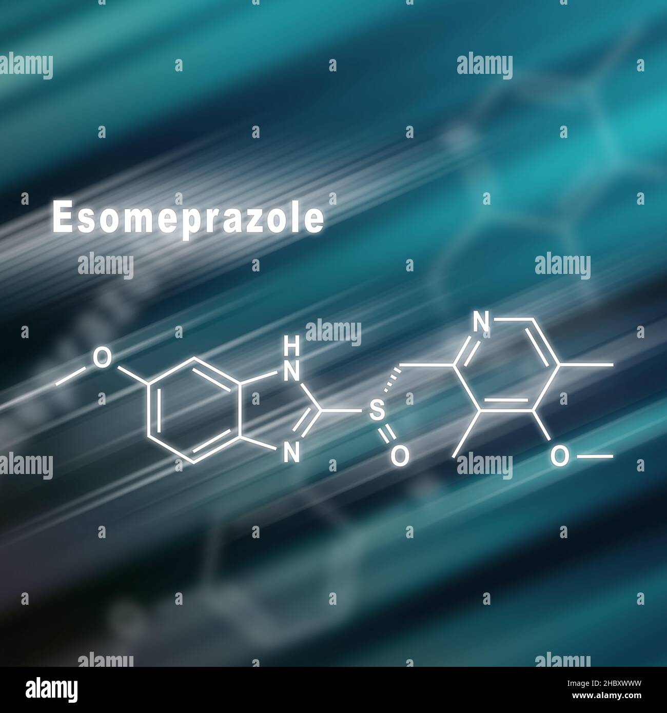 Esoméprazole, réduit l'acide gastrique Formule chimique structurelle fond futuriste Banque D'Images
