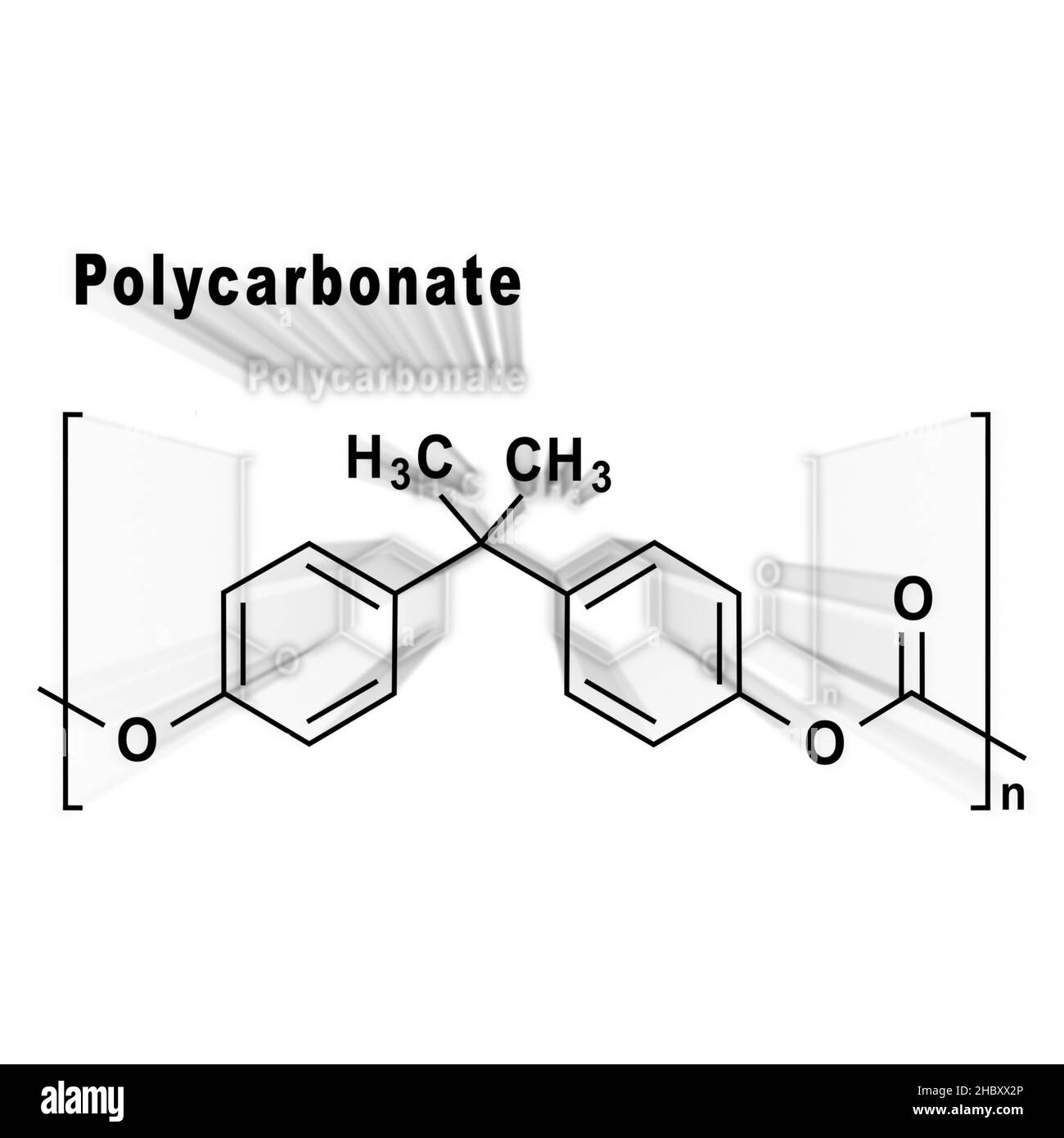 Polycarbonate PC, formule chimique structurelle sur fond blanc Banque D'Images
