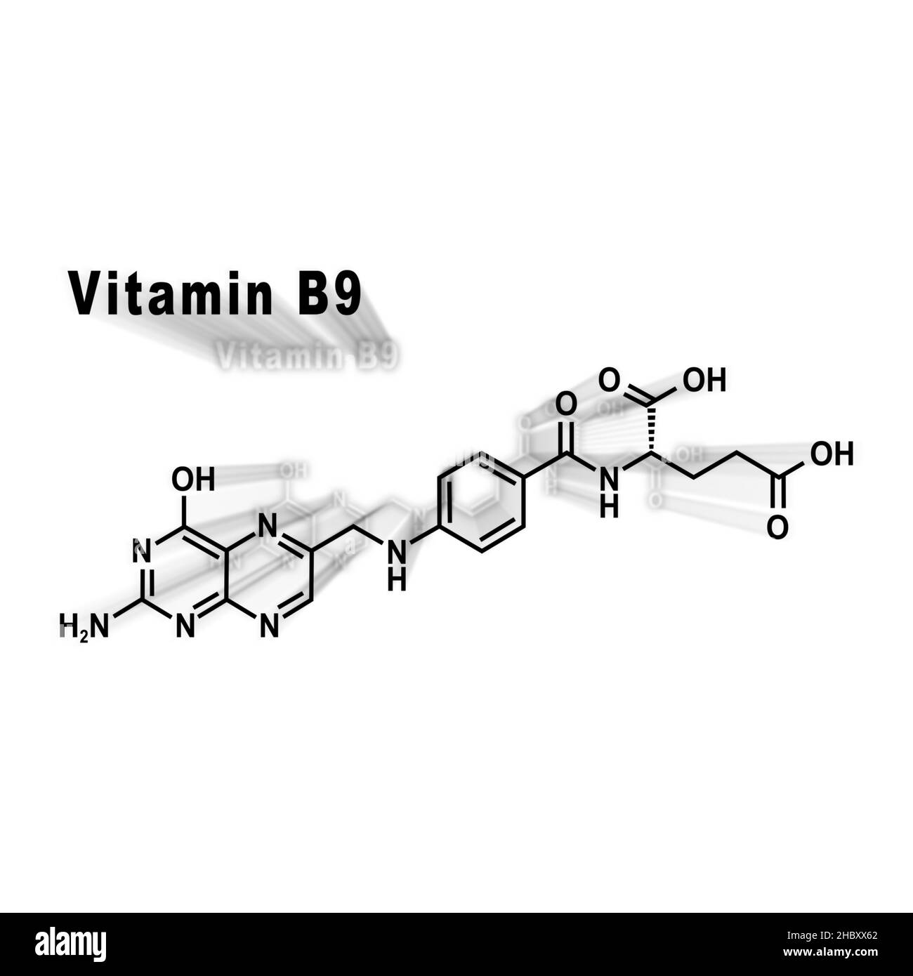 Vitamine B9, acide folique, formule chimique structurale sur fond blanc Banque D'Images