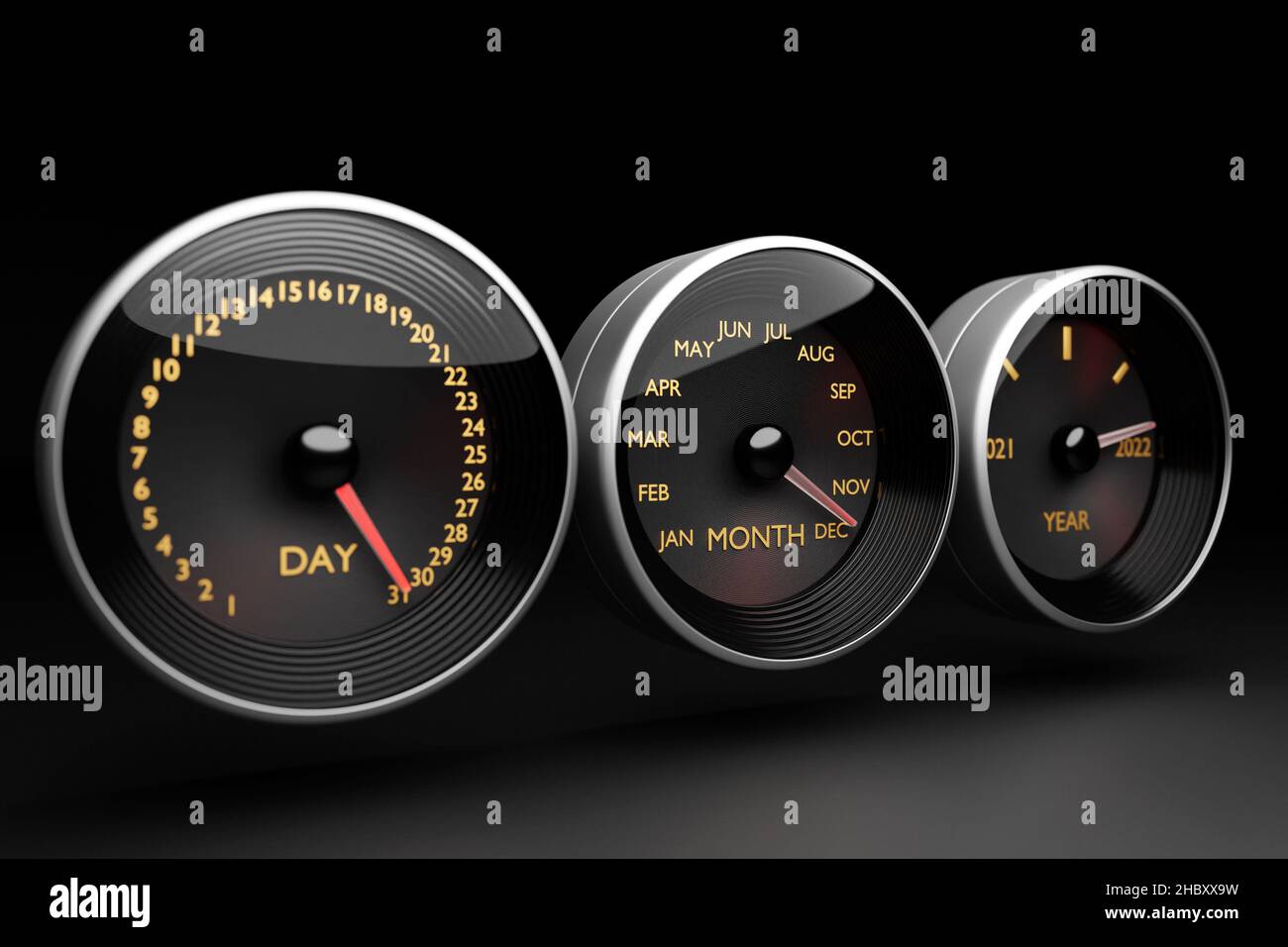 Illustration 3D gros plan compteur de vitesse noir avec coupures 2021,2022 et mois civils. Le concept de la nouvelle année et de Noël dans la fie automobile Banque D'Images
