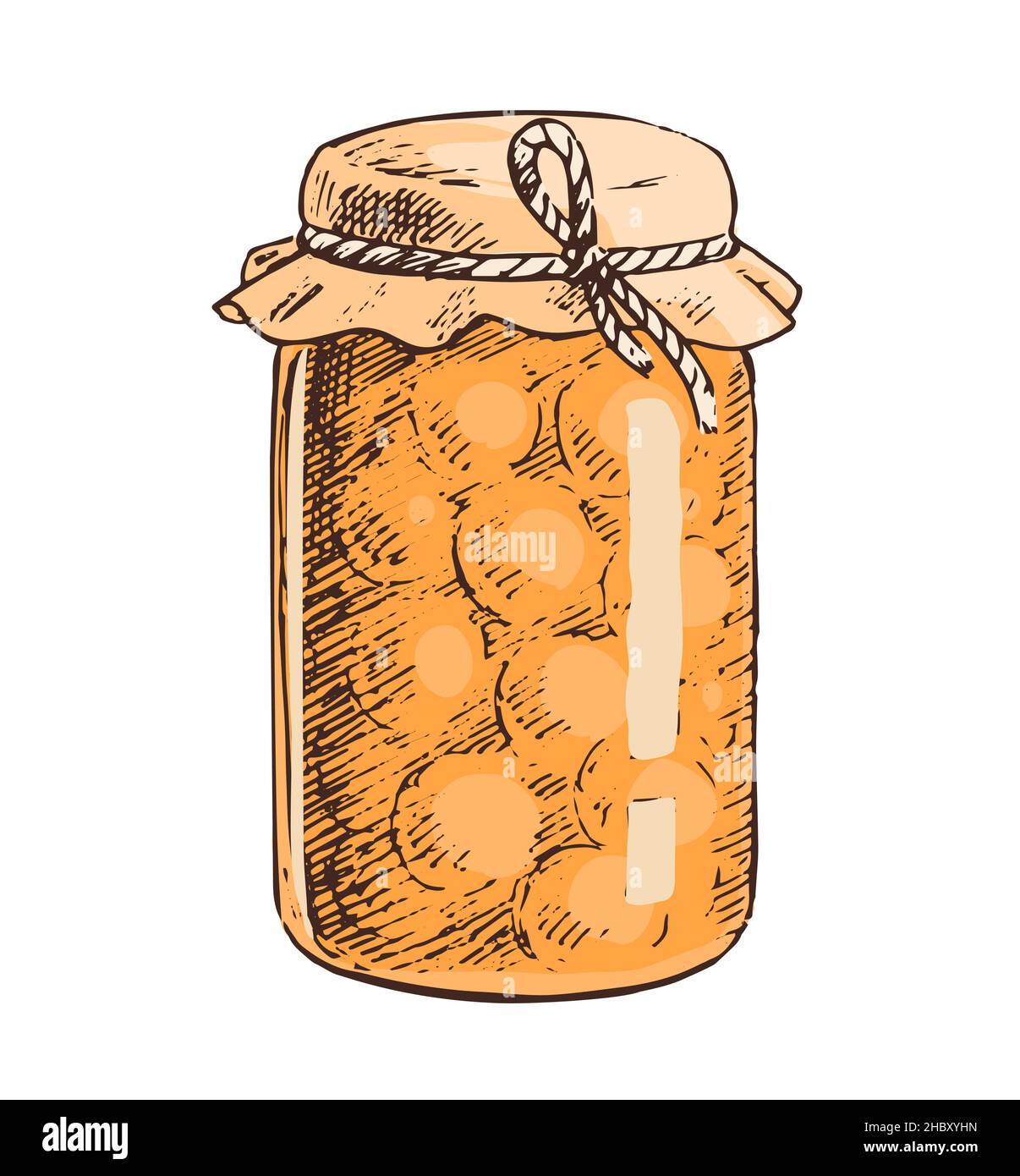 Pot en verre avec confiture d'abricot ou compote.Dessert sucré.Cuisine maison.Illustration d'art vectoriel isolée dessinée à la main Illustration de Vecteur