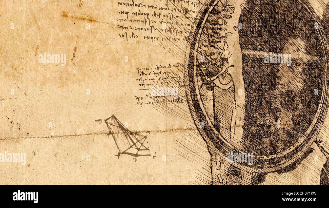 3D illustration - Anatomie de l'homme sous la loupe dans le style Leonardo Da Vinci.Représentation d'esquisse numérique. Banque D'Images