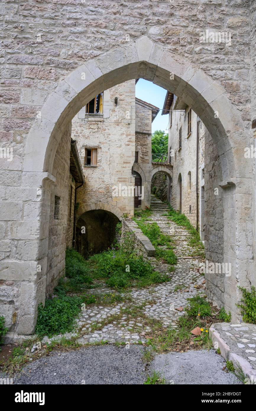 Vieille ville de Visso détruite par le tremblement de terre, province de Macerata, Italie Banque D'Images