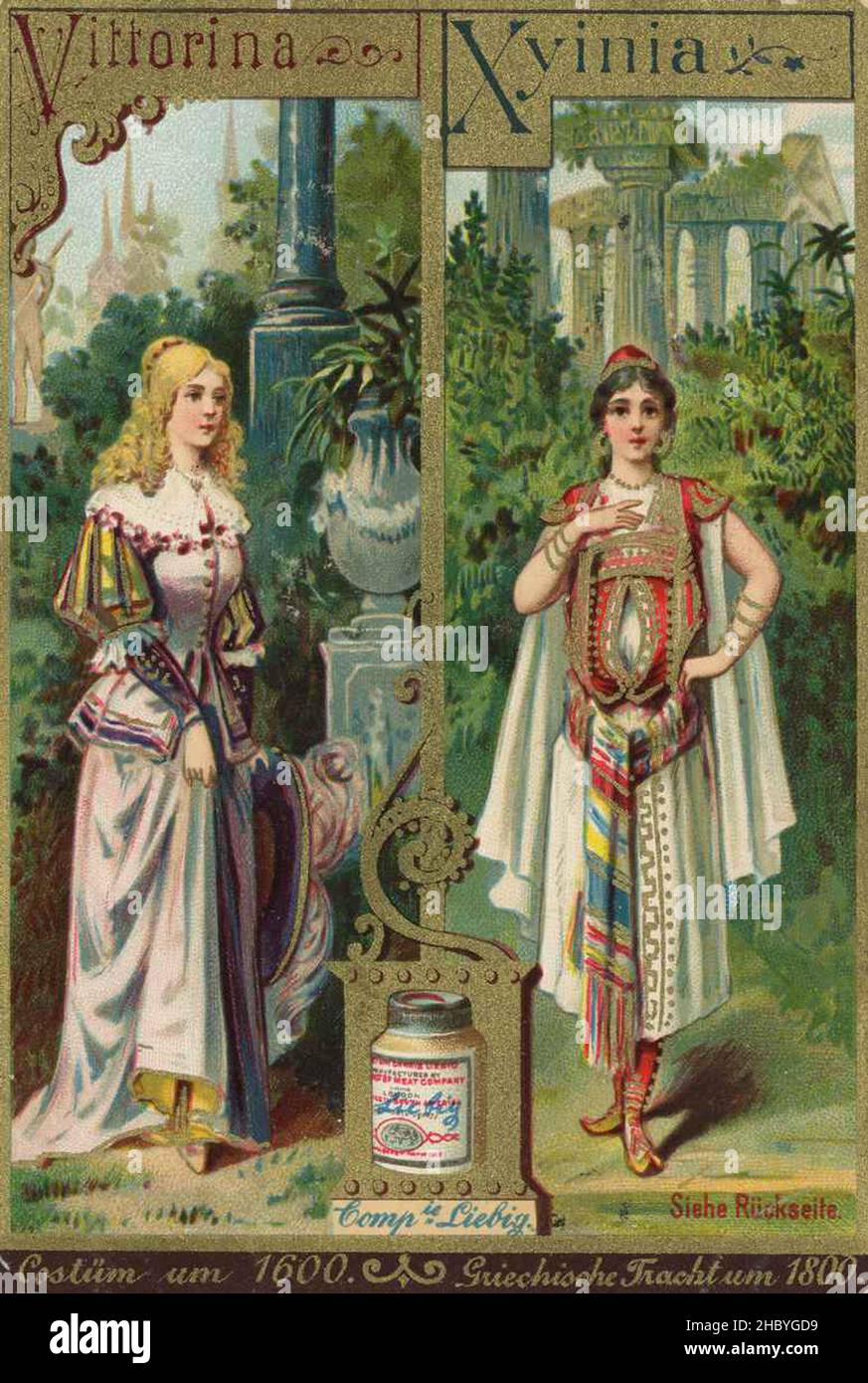 Série Trachten und Kostüme aus der Oper, Kostüm um 1600, Vittorina und griechische Tracht um 1800, Xyinia / costumes de série et costumes de l'opéra, costume vers 1600, Vittorina et costume grec vers 1800, Xyinia, Liebigbild, reproduction numérique améliorée d'une image de collection de la grande société Liebig, estimation à partir de 1900,pd / Digital restaurierte Reproduktion eines Sammelbildes von ca 1900, gemeinfrei, Banque D'Images